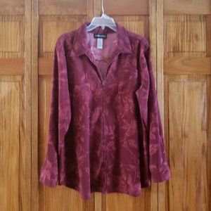 SAG HARBOR wine red velour leaf print zip-up top sz XL woman's